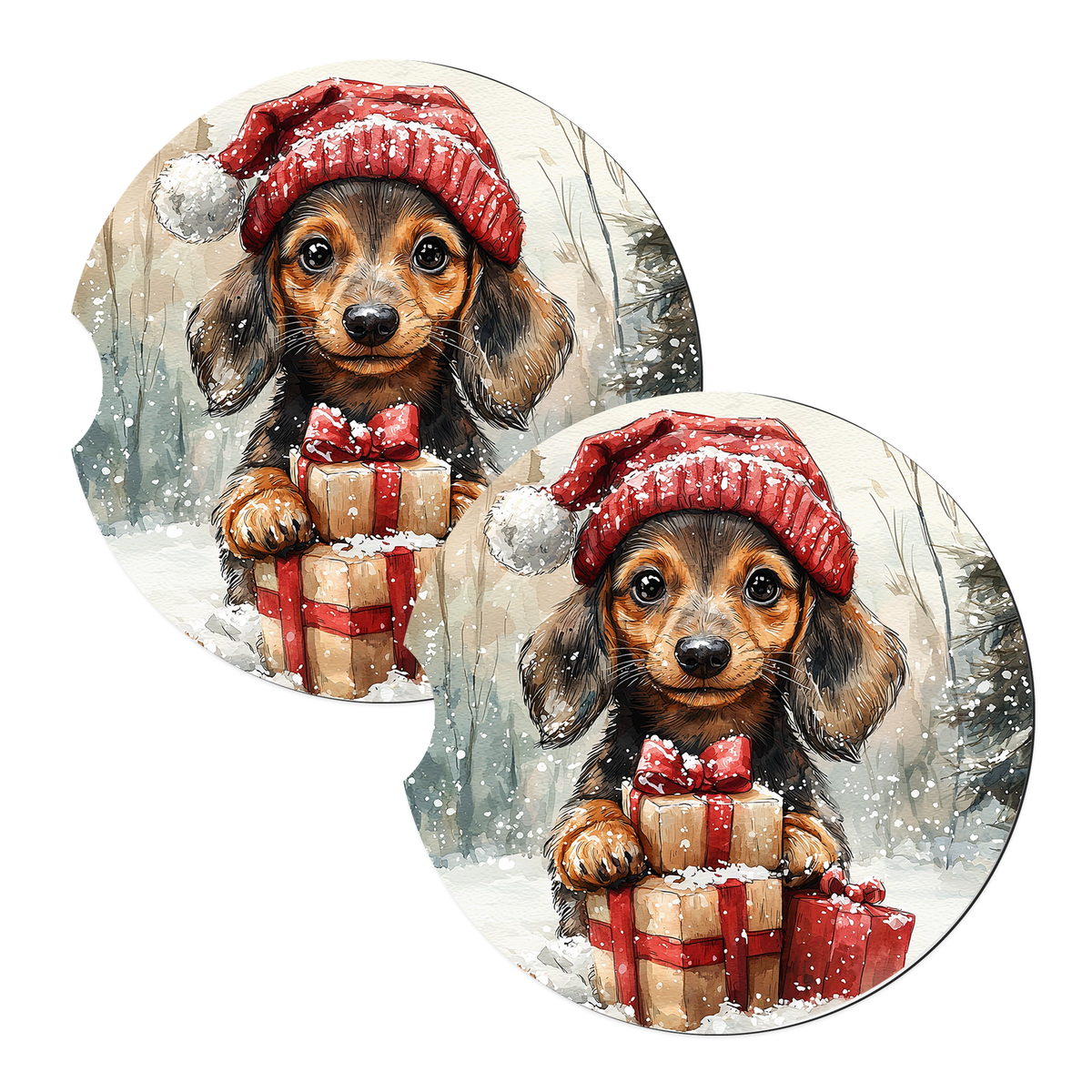 Christmas Dachshund Puppy sandstone car coasters, set of 2