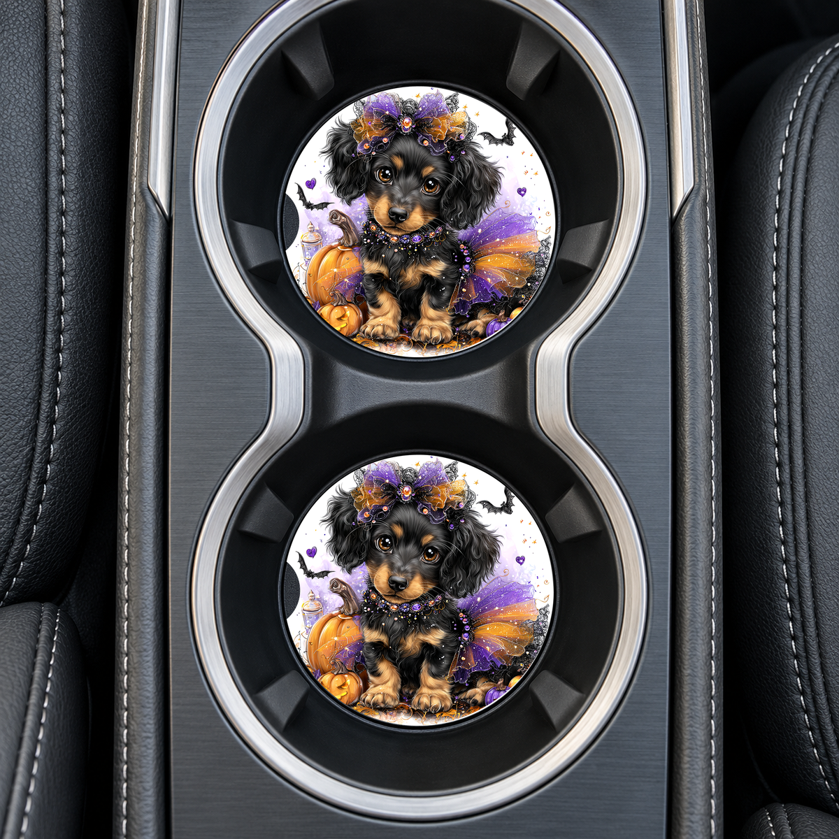 Dachshund Puppy Halloween Bat Tutu coasters installed in car cup holders