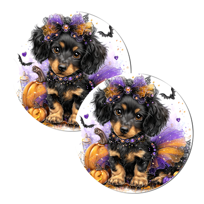 Dachshund Puppy Halloween Bat Tutu sandstone car coasters, set of 2