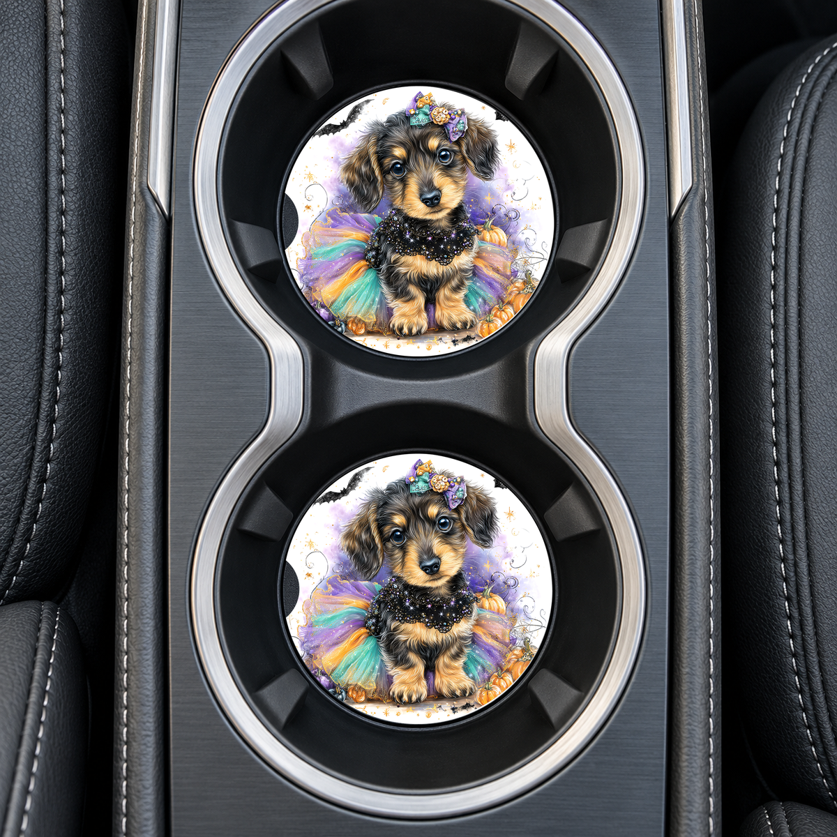 Dachshund Puppy Halloween Bats coasters installed in car cup holders