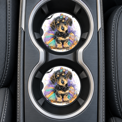 Dachshund Puppy Halloween Bats coasters installed in car cup holders