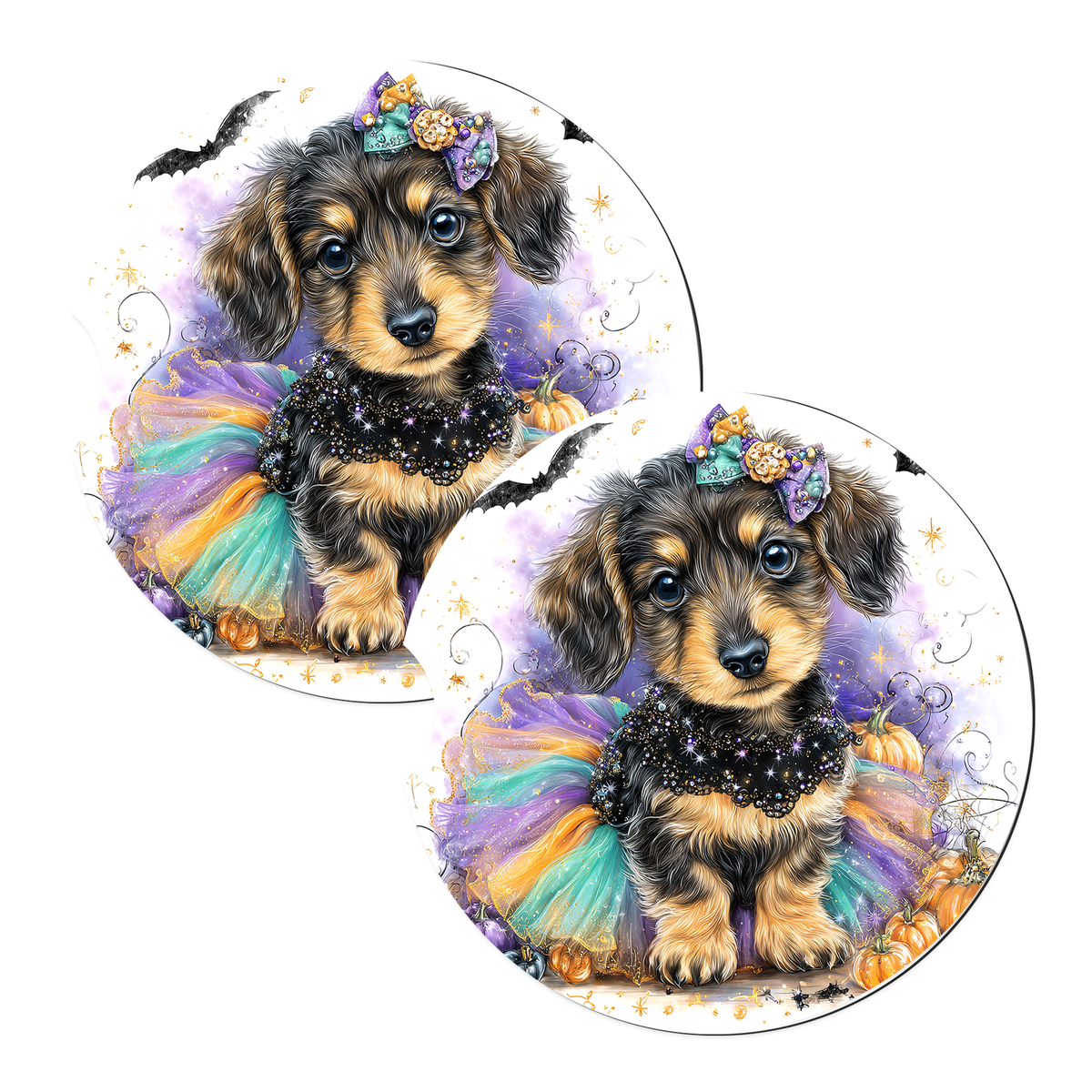 Dachshund Puppy Halloween Bats sandstone car coasters, set of 2