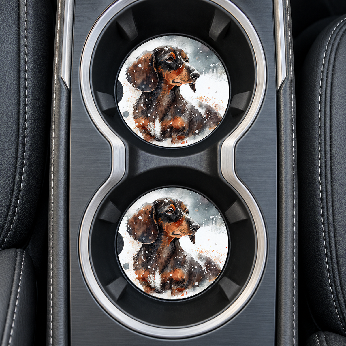 Dachshund Snow coasters installed in car cup holders
