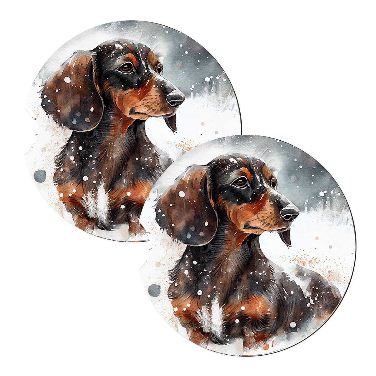 Dachshund Snow sandstone car coasters, set of 2