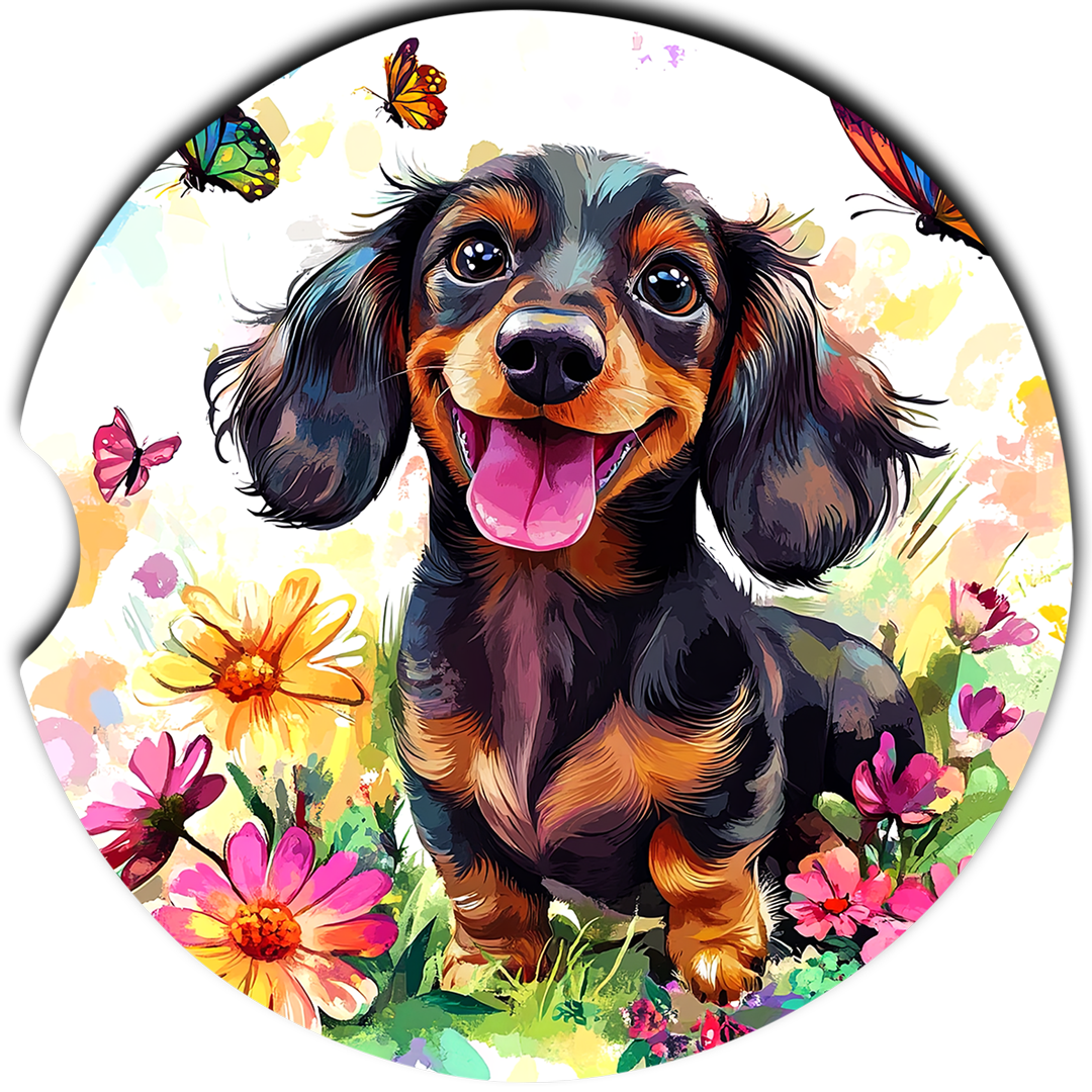 Black and tan long-haired Dachshund surrounded by colorful flowers and butterflies