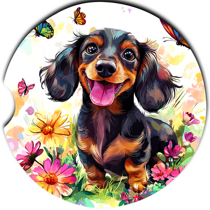 Black and tan long-haired Dachshund surrounded by colorful flowers and butterflies