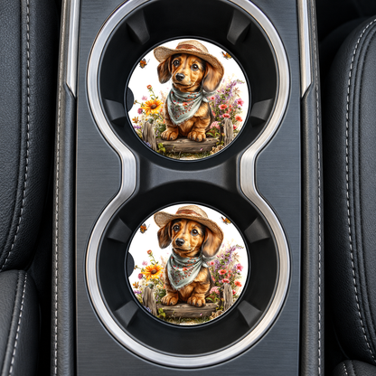 Brown Dachshund Cowboy Hat sandstone car coasters, installed in car cup holders