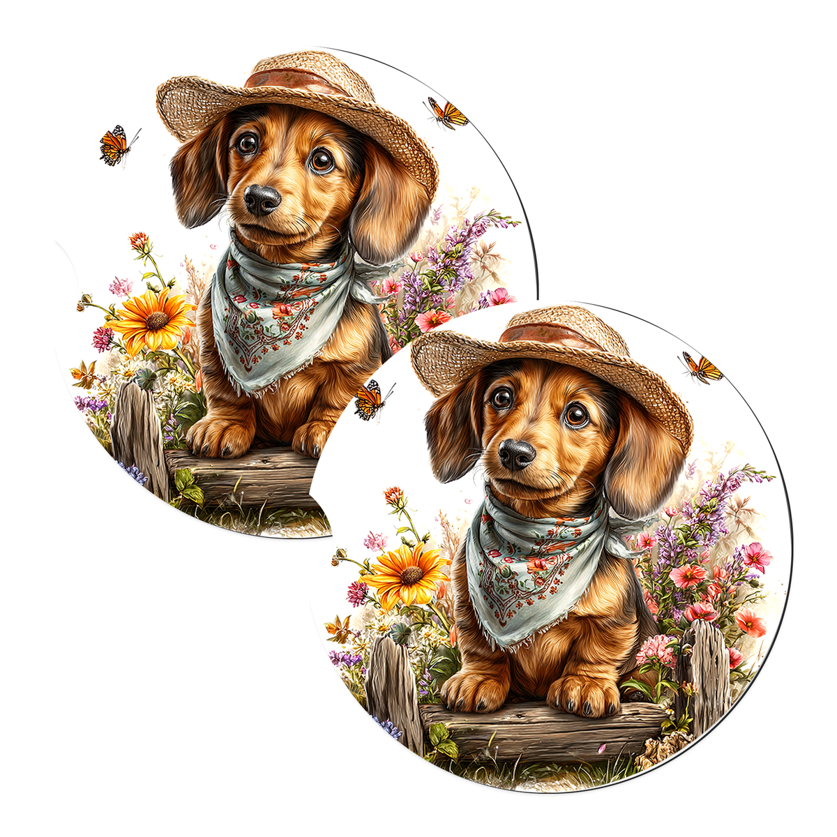 Brown Dachshund Cowboy Hat sandstone car coasters, matching pair