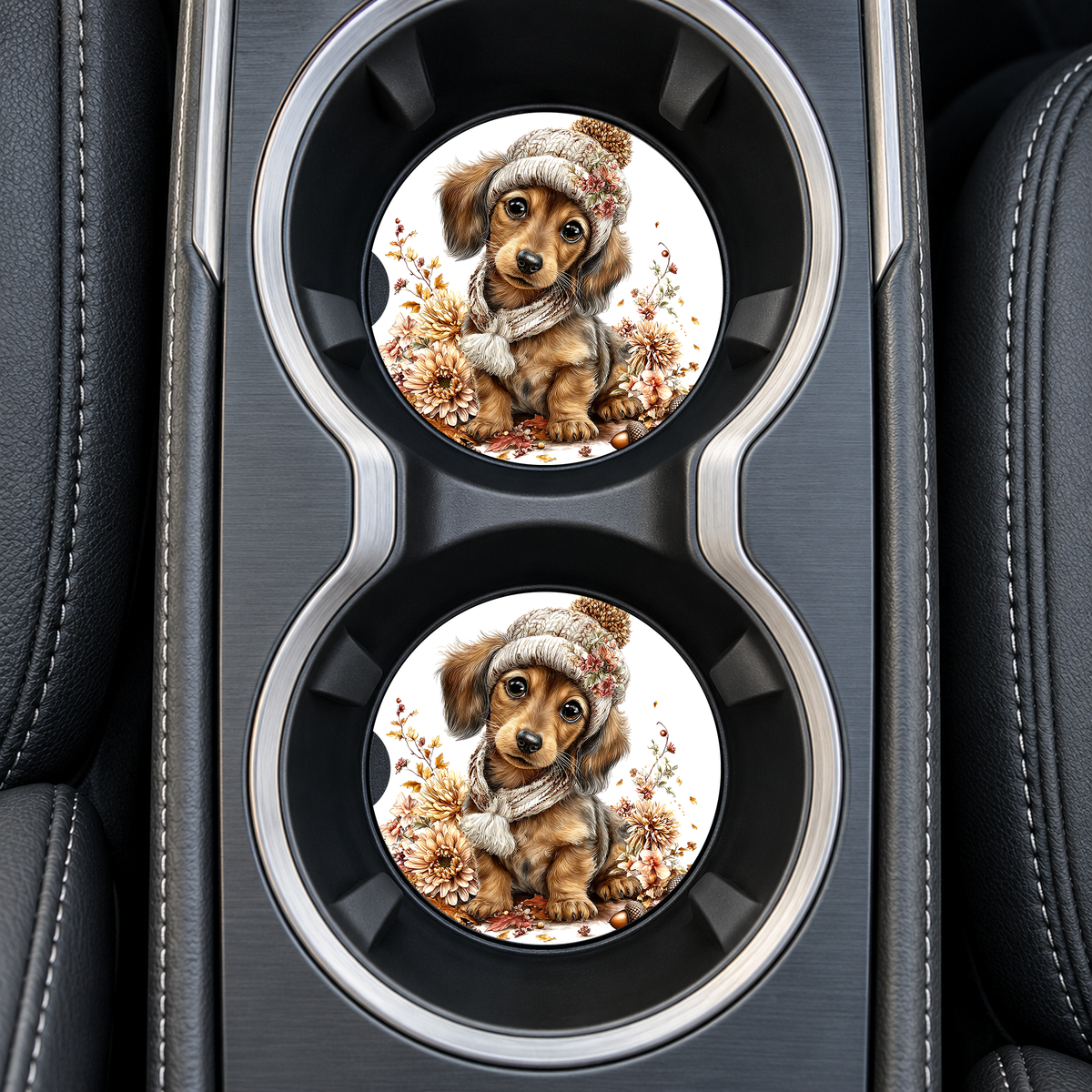 Brown Dachshund Cozy Scarf sandstone car coasters, installed in car cup holders