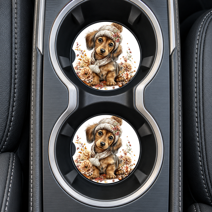 Brown Dachshund Cozy Scarf sandstone car coasters, installed in car cup holders