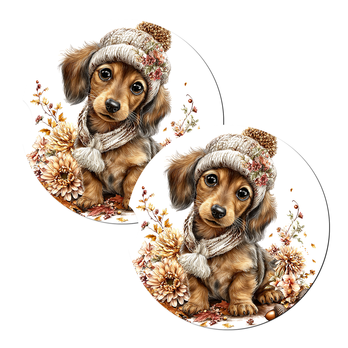 Brown Dachshund Cozy Scarf sandstone car coasters, matching pair