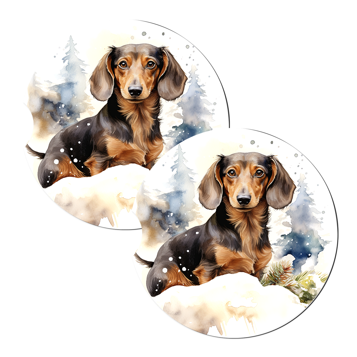 Brown Dachshund Snowy Forest sandstone car coasters, matching pair