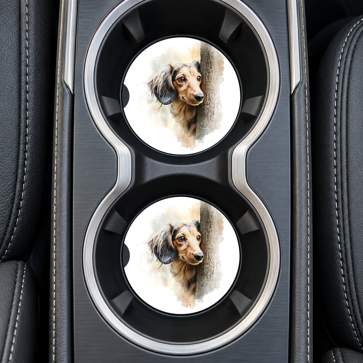 Brown Dachshund Peeking Around Tree sandstone car coasters, installed in car cup holders