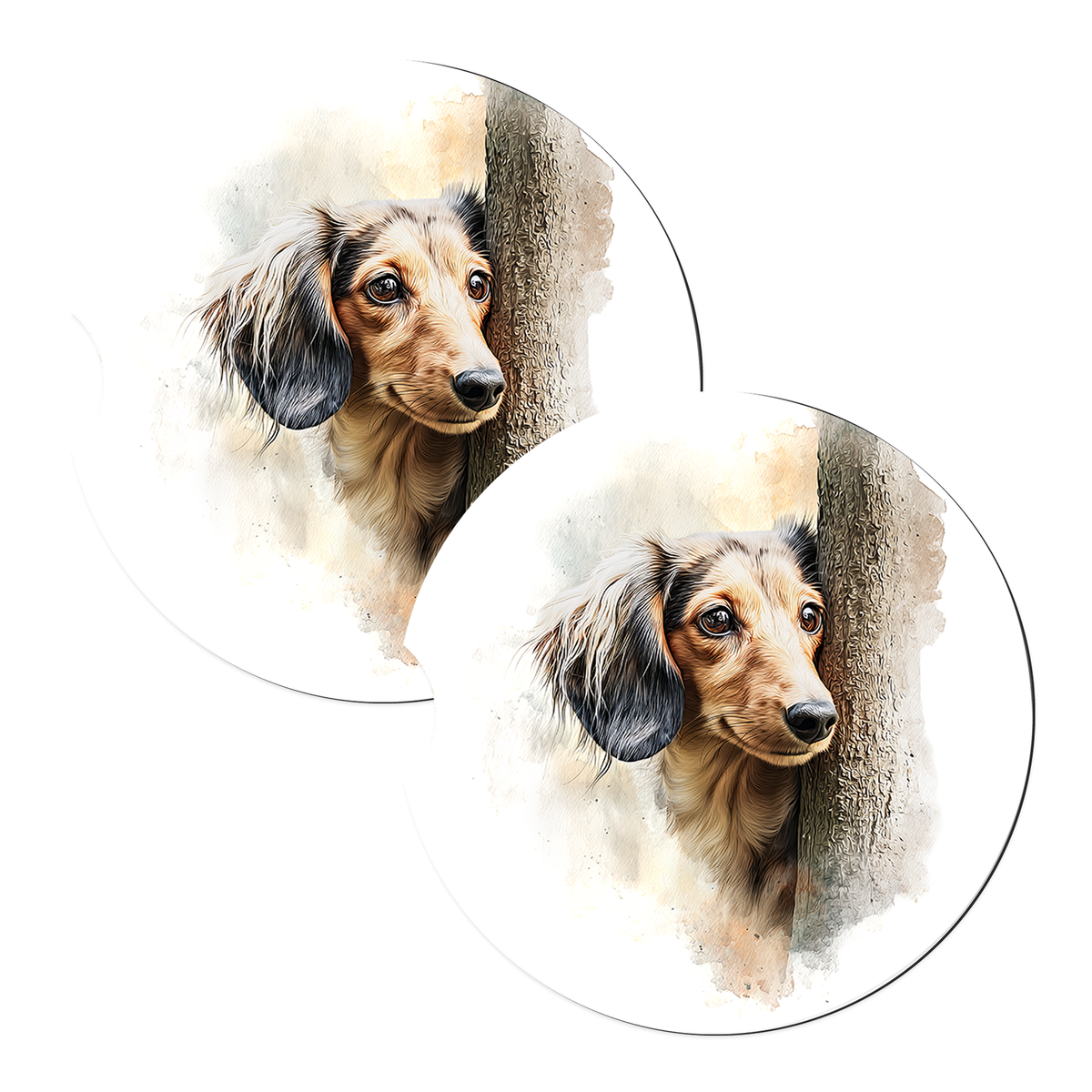 Brown Dachshund Peeking Around Tree sandstone car coasters, matching pair