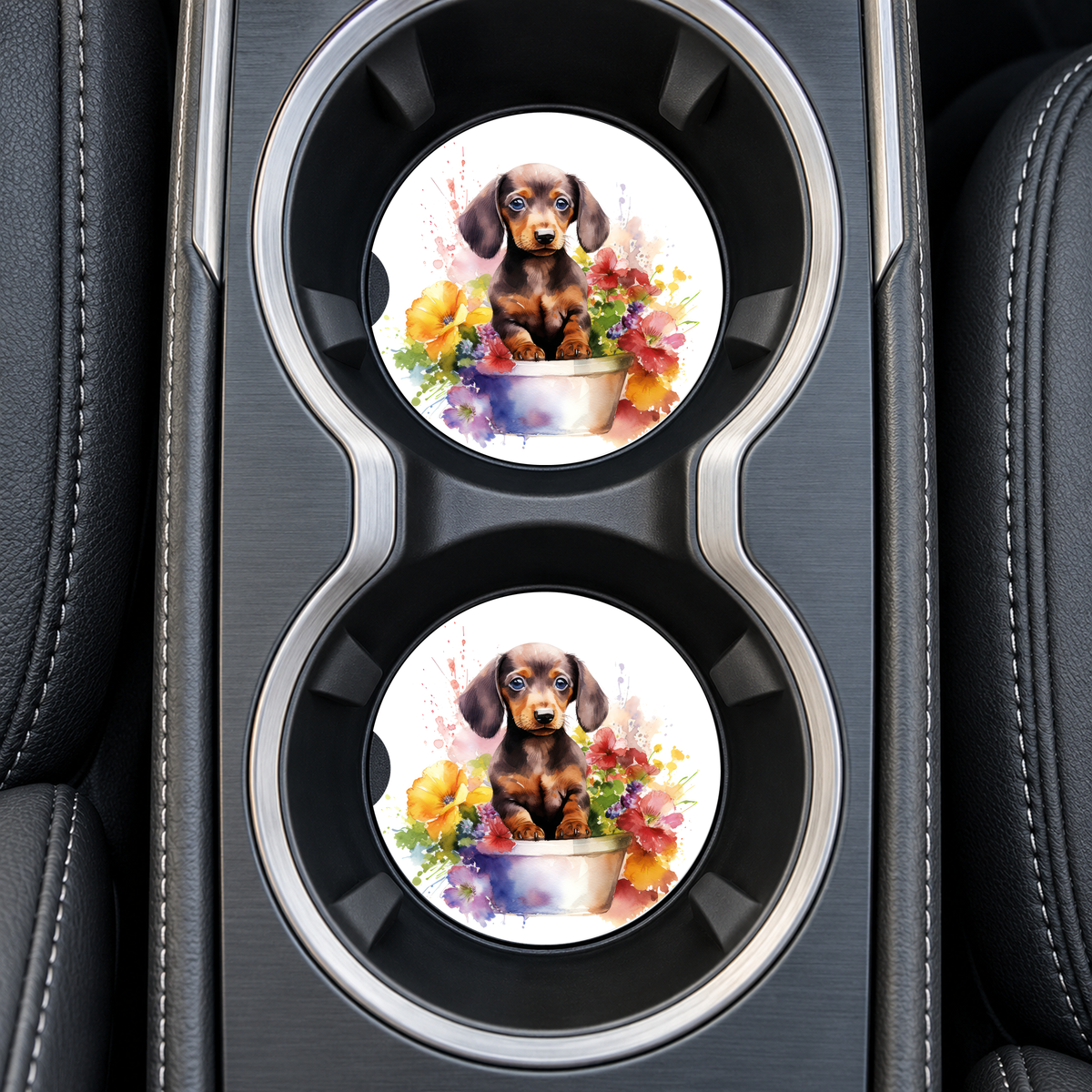 Dachshund Puppy Flower Pot sandstone car coasters, installed in car cup holders