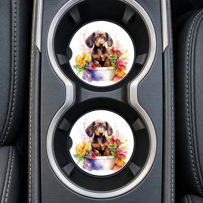 Dachshund Puppy Flower Pot sandstone car coasters, installed in car cup holders