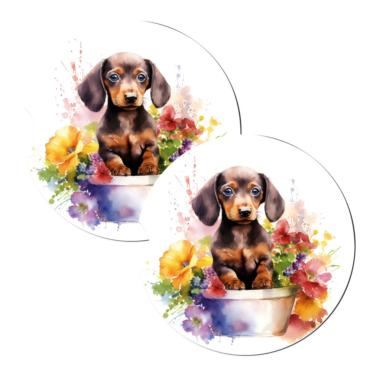 Dachshund Puppy Flower Pot sandstone car coasters, matching pair