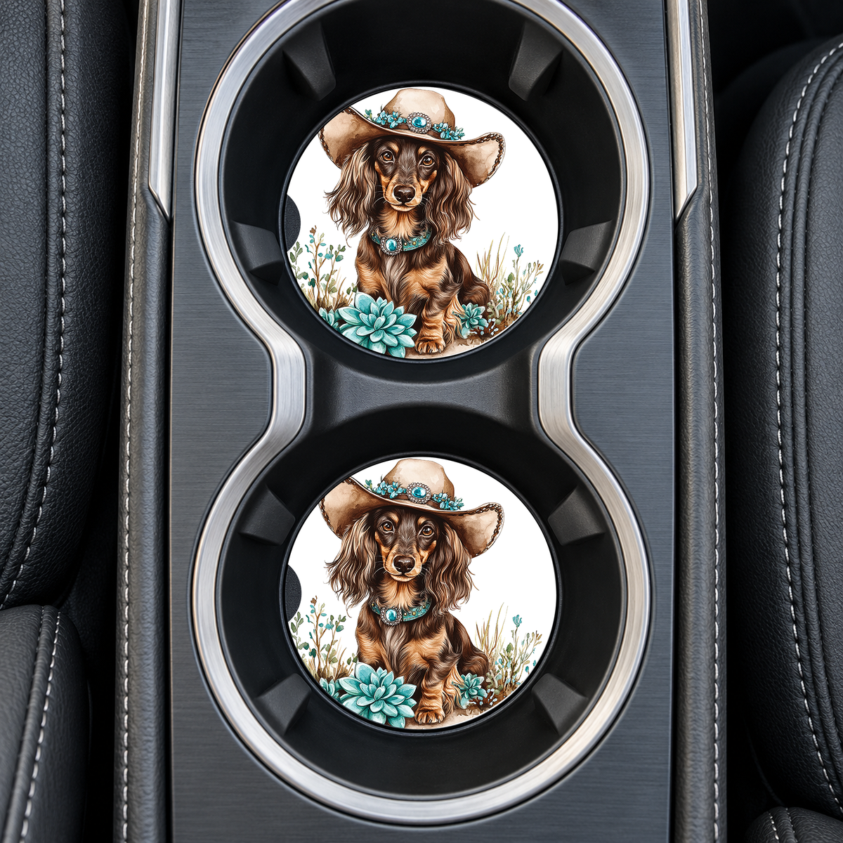 Long-Haired Dachshund Cowboy Hat sandstone car coasters, installed in car cup holders