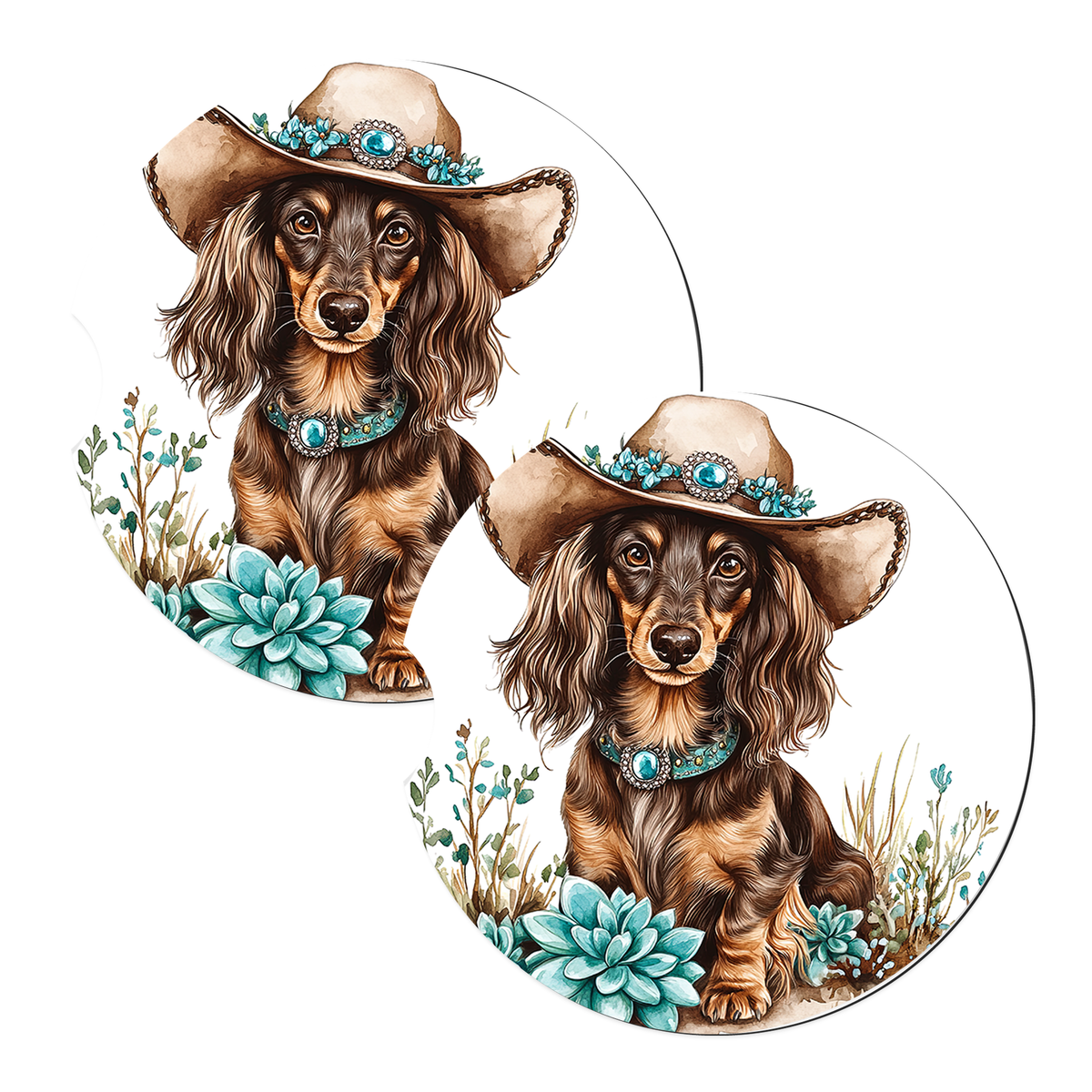 Long-Haired Dachshund Cowboy Hat sandstone car coasters, matching pair