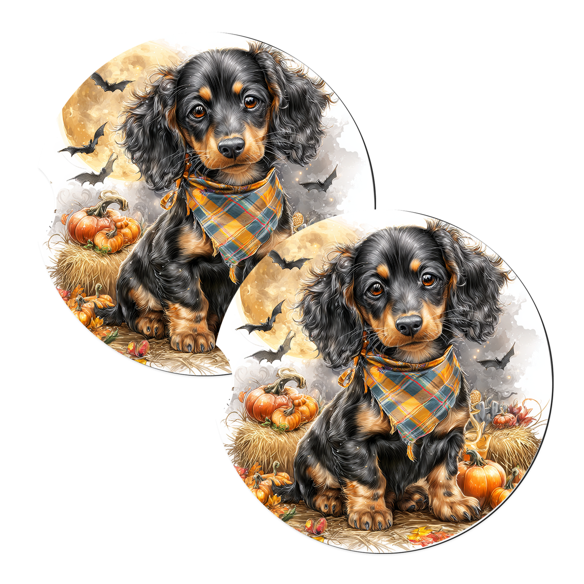 Long-Haired Dachshund Halloween Bats sandstone car coasters, matching pair
