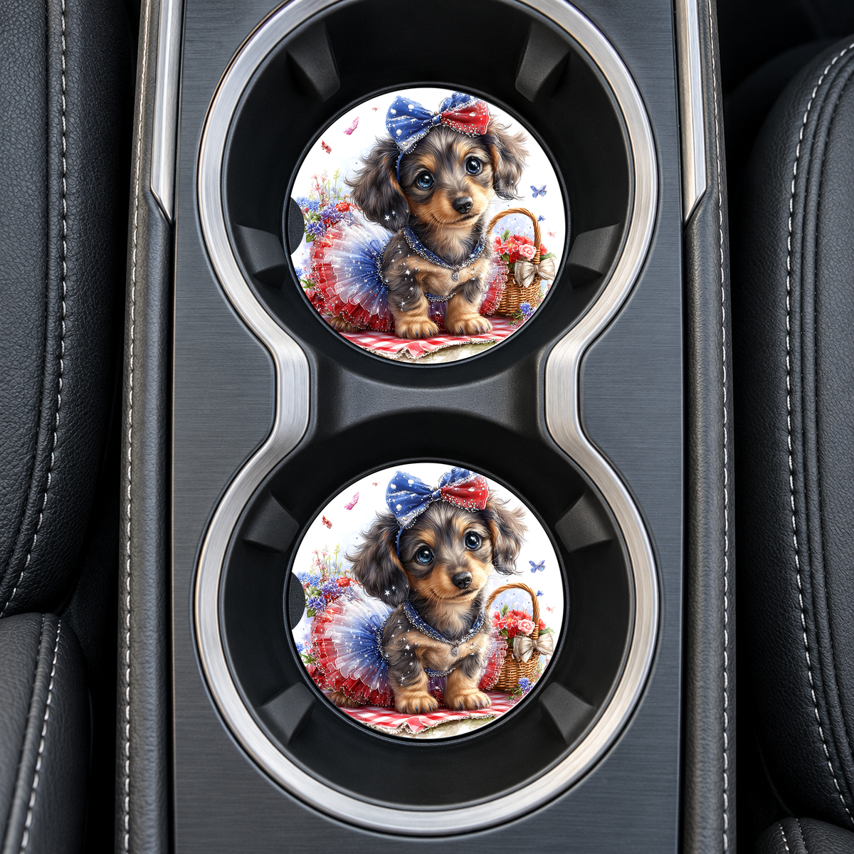 Patriotic Dachshund Puppy sandstone car coasters, installed in car cup holders