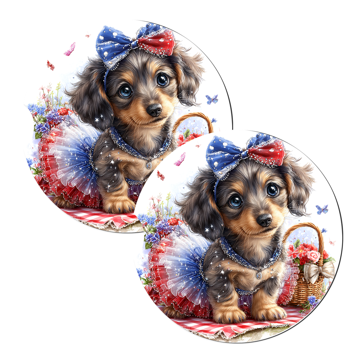Patriotic Dachshund Puppy sandstone car coasters, set of 2