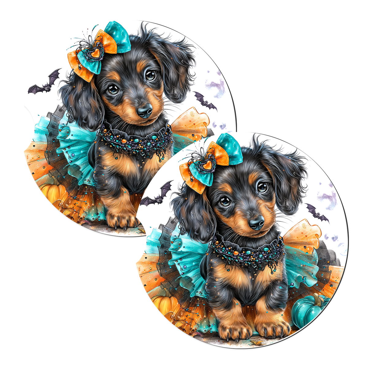 Dachshund Puppy Halloween Tutu sandstone car coasters, set of 2