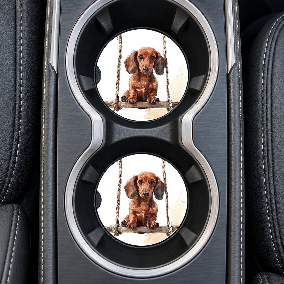 Dachshund Swing coasters installed in car cup holders