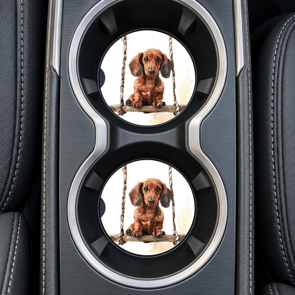 Dachshund Swing coasters installed in car cup holders