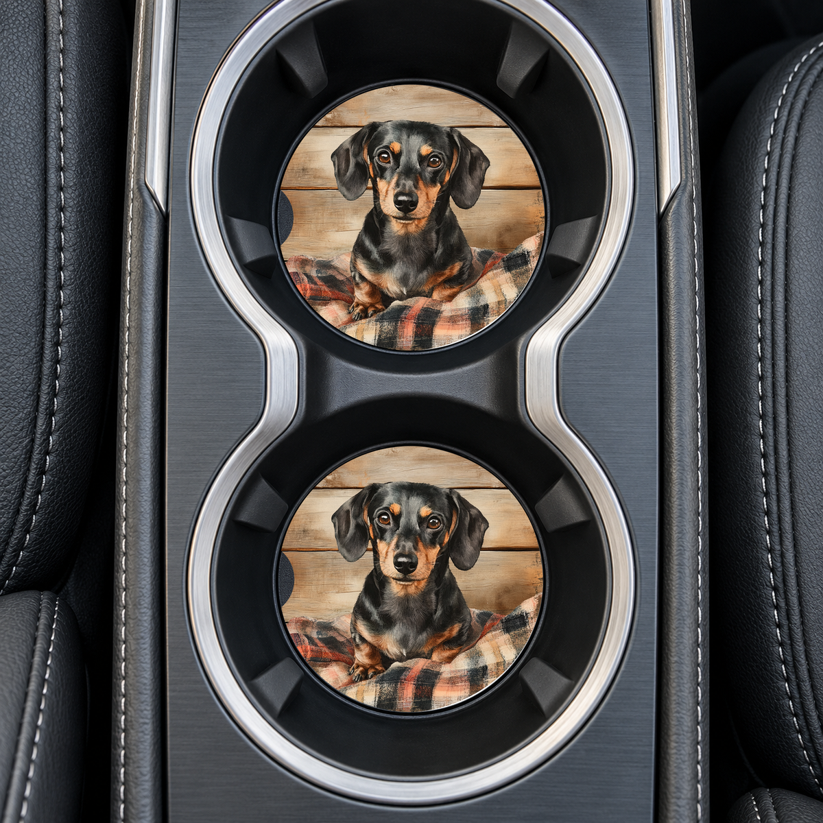 Dachshund Wood Blanket coasters installed in car cup holders