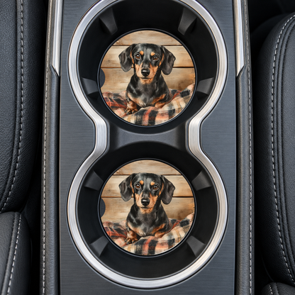 Dachshund Wood Blanket coasters installed in car cup holders