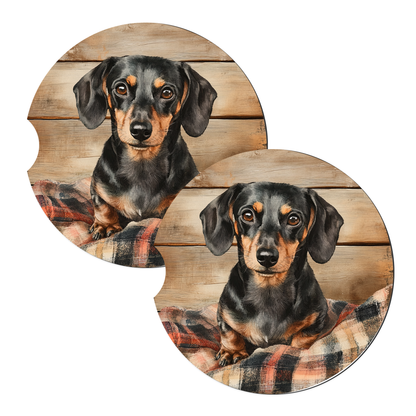 Dachshund Wood Blanket sandstone car coasters, set of 2